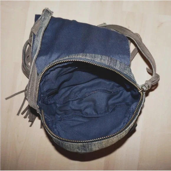 FREE PEOPLE Small Distressed Blue Denim & Gray Leather Fringed Crossbody - Picture 3 of 7